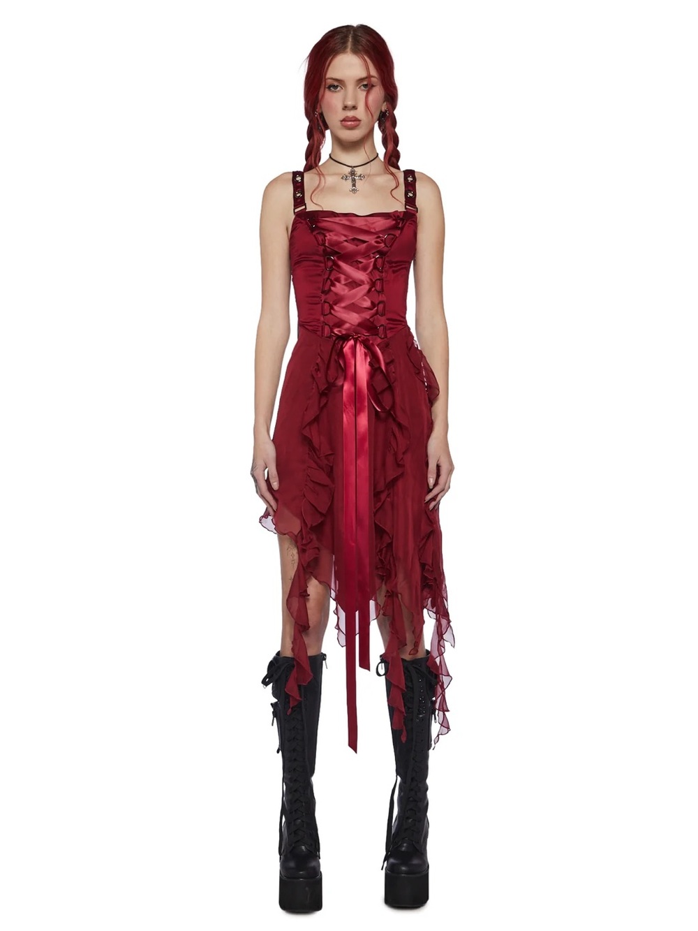 Current Mood Life’s No Fairytale Burgundy Ruffle and Lace-up Dress, L (BNWT)